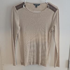 Lauren Ralph Lauren Cream Long Sleeve Tee with Crew Neck and Fine-Knit Texture